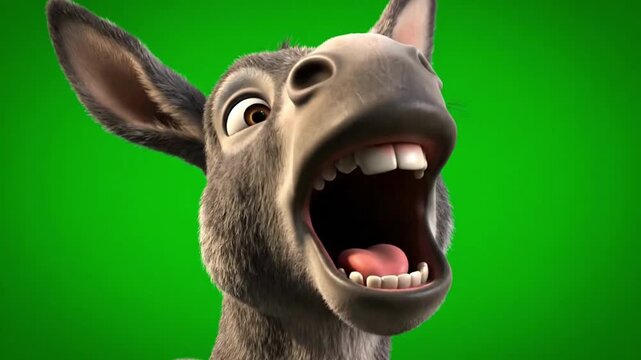 A humorous 3d animated donkey laughs loudly in a vibrant extreme close-up shot against a chroma key green screen.
