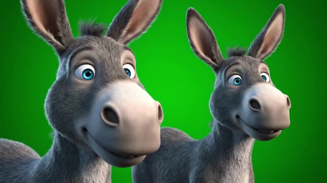 A funny 3d rendered close-up of two expressive donkeys laughing happily against a vibrant green screen background.