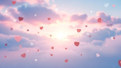 Fototapeta premium Romantic sunset sky filled with floating hearts and soft clouds. Valentine's Day