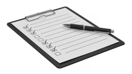 Clipboard with Checklist and Pen paper office isolated on a transparent background