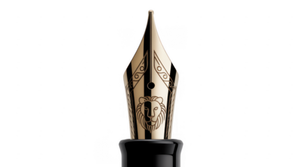 Close-up of a gold fountain pen nib with lion isolated on a transparent background