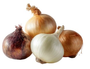 Four onions red, white, and yellow, piled in a small heap