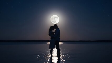 Romantic couple embracing under a full moon on a tranquil lake at night