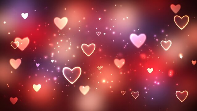 Romantic glowing hearts and bokeh lights on a dark red and purple background. Valentine's Day - Powered by Adobe