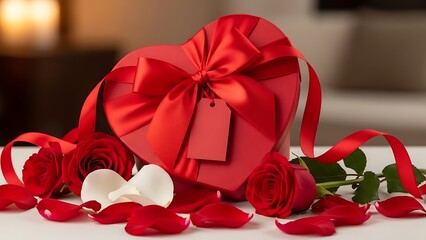 Romantic Valentine's Day heart-shaped gift box with red roses and petals