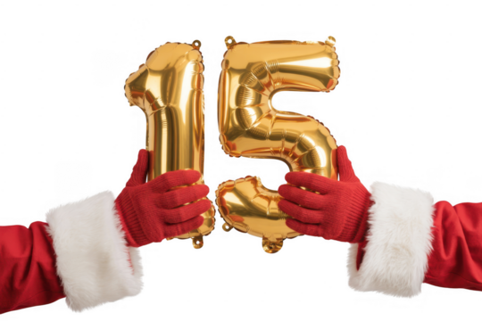 Close-up of Santa Claus hands holding gold balloons with number 15 isolated on a transparent background - Powered by Adobe