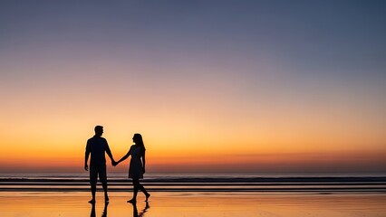 Couple holding hands walking on beach at sunset with vibrant sky and ocean reflection