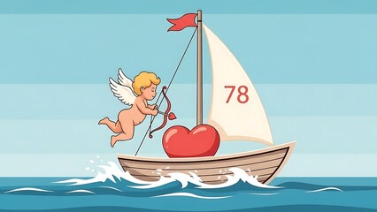 A charming illustration of Cupid sailing a boat with a large heart and the number 78 on the sail. It captures a whimsical journey of love and a unique milestone celebration.