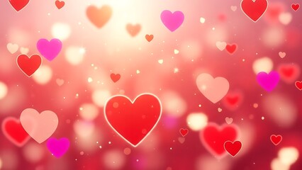 Romantic background with floating hearts and bokeh lights, perfect for love themes. Valentine's Day