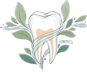 Illustration of a Tooth Emphasizing Dental Health Surrounded by Green Leaves