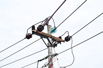 Electrical pole with electrical cables. Energy or power image, Infrastructure. electric. building. cable. high, top. voltage. line, lines. industry, industrial.
