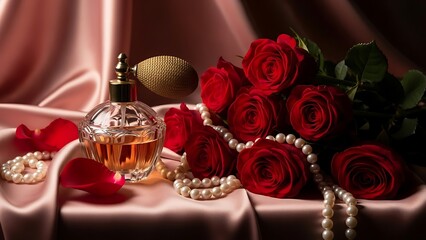 Elegant perfume bottle with red roses and pearls on satin fabric. Valentine's Day