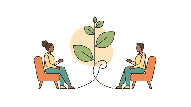 Mental health counseling session illustration. Two people discussing growth therapy wellness and relationship development symbolized by a growing plant - Powered by Adobe