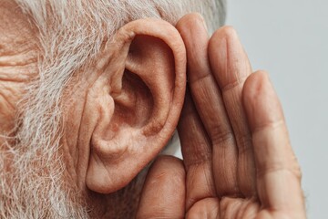 Elderly man with symptom of hearing loss, or deaf person with hand gesture to listen