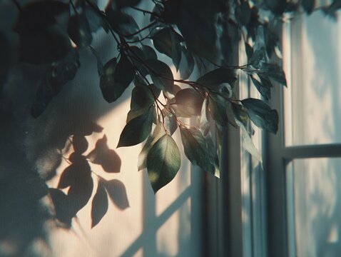 Soft window light filtering through leafy branches creating gentle shadows, muted tones and a calm interior nature mood with quiet elegance