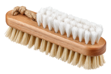 Double-sided wooden brush with light bristles and rope handle