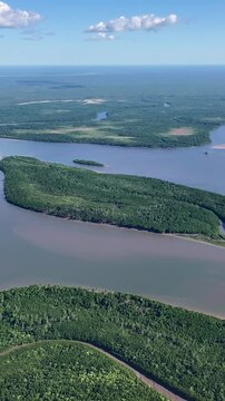 Parnaiba Delta In Tutoia Maranhao Brazil. Aerial View Of A River Surrounded By Lush Green Tropical Rainforest. Forest Flyover Amazon Green. Wilderness Panoramic. Tutoia Maranhao.