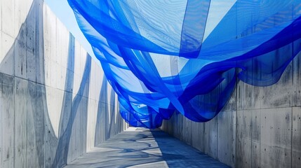 The royal blue mesh fabric flutters against the concrete walls bringing a pop of color to the otherwise grey and brown site.