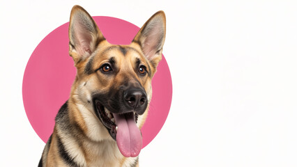 Obraz premium Portrait of a happy German Shepherd dog with tongue out. Close-up of an alert canine on a pink circle and white background. Minimalist pet photography with copy space for text