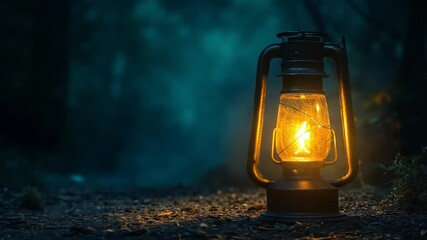 Cinematic shot of vintage lantern glowing with warm orange light in dark misty forest at night