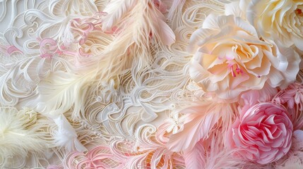 A burst of pastel feathers and delicate lace fabric swirling together like a romantic dream.