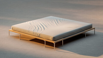 Minimalist outdoor daybed with light gray mattress on a natural wood frame and metal legs, casting long shadows on a concrete floor, perfect for modern patio or garden design.