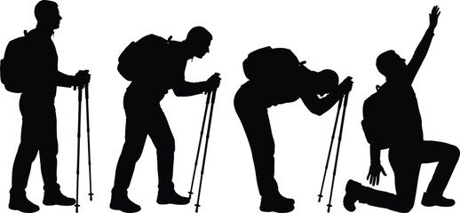 Hiker silhouette sequence showing trekking effort and success, backpacker resting and celebrating achievement, outdoor adventure, endurance, mountain exploration concept