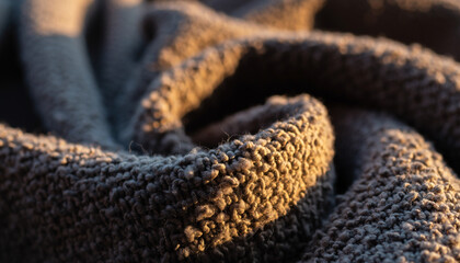 Close-up of a cozy, textured gray blanket or towel, softly illuminated by warm, golden sunlight creating gentle shadows and highlights on its plush surface, perfect for backgrounds.