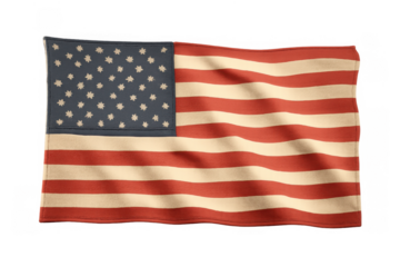 United states flag with a textured fabric effect, displaying waving stars and stripes on a clear, transparent background