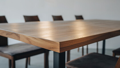 Close-up of a modern wooden conference table or dining table with a rich, natural grain and dark metal legs