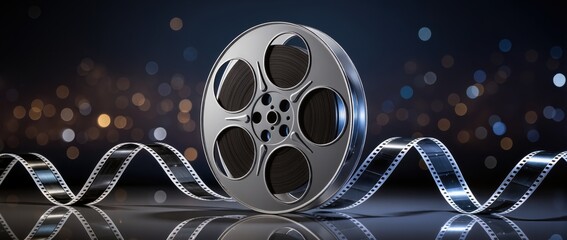 Vintage metal film reel with unspooled movie film strip on dark reflective surface with bokeh.