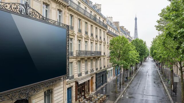 Blank Billboard on a Parisian Street with Eiffel Tower View on a Cloudy Day with Wet Pavement and Green Trees