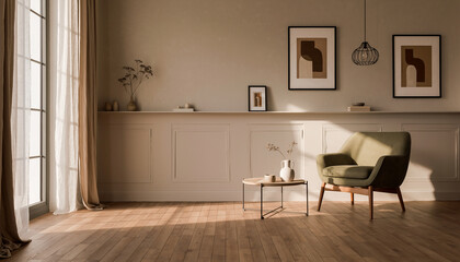 Minimalist living room interior design with natural light, warm neutral tones, wooden floor, comfortable armchair, abstract art, and decorative elements creating a serene atmosphere.