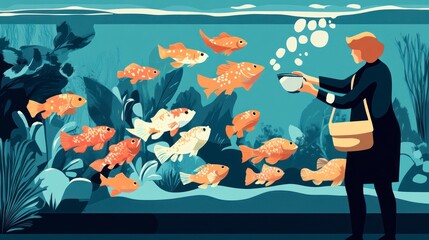Woman feeding fish in aquarium illustration aquatic life and care