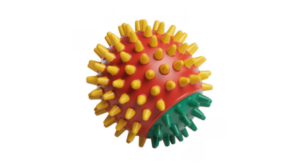 Colorful rubber ball with yellow green and red spikes isolated on a transparent background