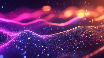 Abstract colorful digital particles wave with bokeh background. 
