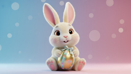 Whimsical 3D Rendered Easter Rabbit Holding Gift Egg, Modern Holiday Celebration Symbol, Vibrant Blue Pink Background