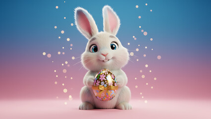 Whimsical 3D Rendered Easter Rabbit Holding Gift Egg, Modern Holiday Celebration Symbol, Vibrant Blue Pink Background