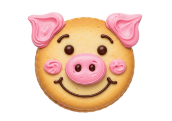 Delightful pig-shaped cookie with pink icing and smiling face isolated on transparent background