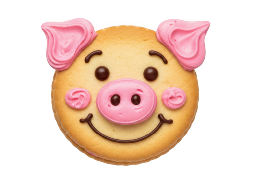Delightful pig-shaped cookie with pink icing and smiling face isolated on transparent background - Powered by Adobe