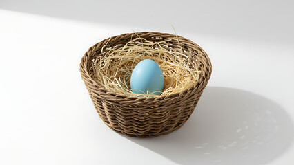 Minimalist Rustic Easter Basket with Single Blue Egg, Elegant Spring Holiday Decoration, Clean White Background