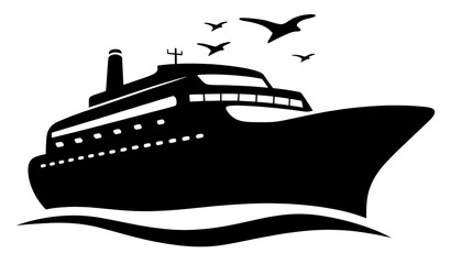 Obraz premium A black silhouette of a cruise ship sailing on the ocean with seagulls flying overhead