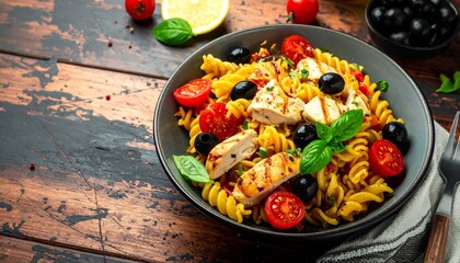 그릴 치킨과 블랙 올리브를 곁들인 지중해풍 푸실리 파스타 샐러드 Mediterranean fusilli pasta salad with grilled chicken and black olives