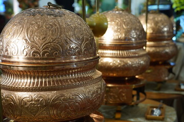Traditional Carved Copper Chafing Dishes for Luxury Wedding Catering