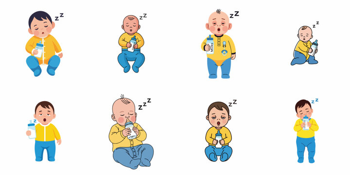Adorable set of cartoon babies sleeping and drowsy after drinking milk from a feeding bottle, isolated on a white background.