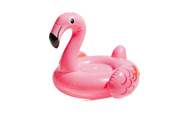 Inflatable pink flamingo pool float on a black backdrop