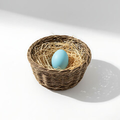 Minimalist Rustic Easter Basket with Single Blue Egg, Elegant Spring Holiday Decoration, Clean White Background