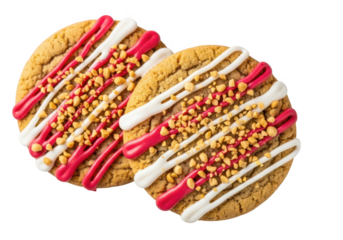 Delicious cookies with white and red icing isolated on transparent background