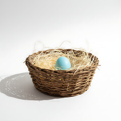 Minimalist Rustic Easter Basket with Single Blue Egg, Elegant Spring Holiday Decoration, Clean White Background
