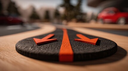 Straight road leading toward horizon with prominent red arrow indicating direction and path forward in journey